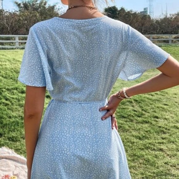 Sky Blue and White print, wrap dress with bell sleeves - Picture 3 of 4
